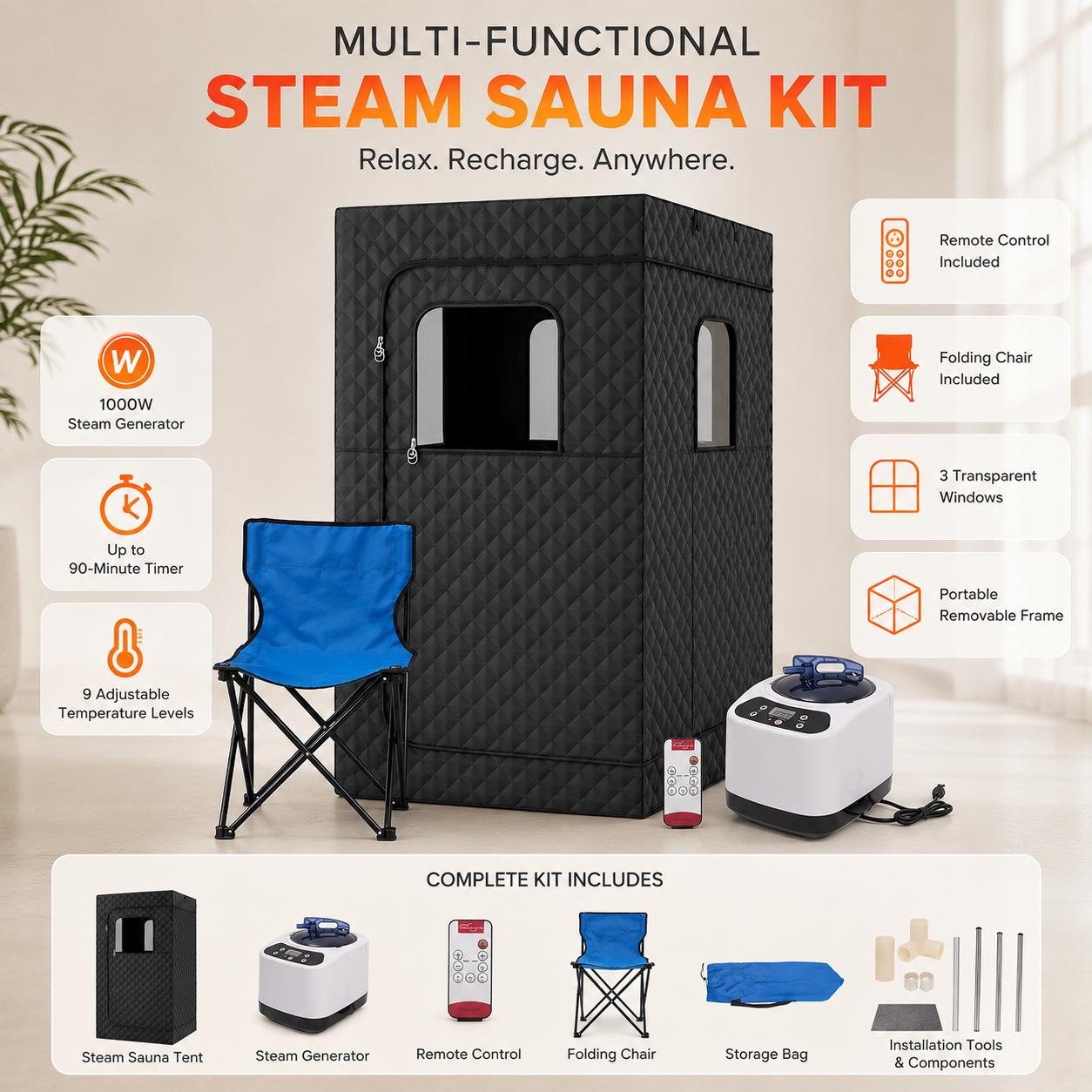 1000W Portable Steam Sauna Tent with Folding Chair